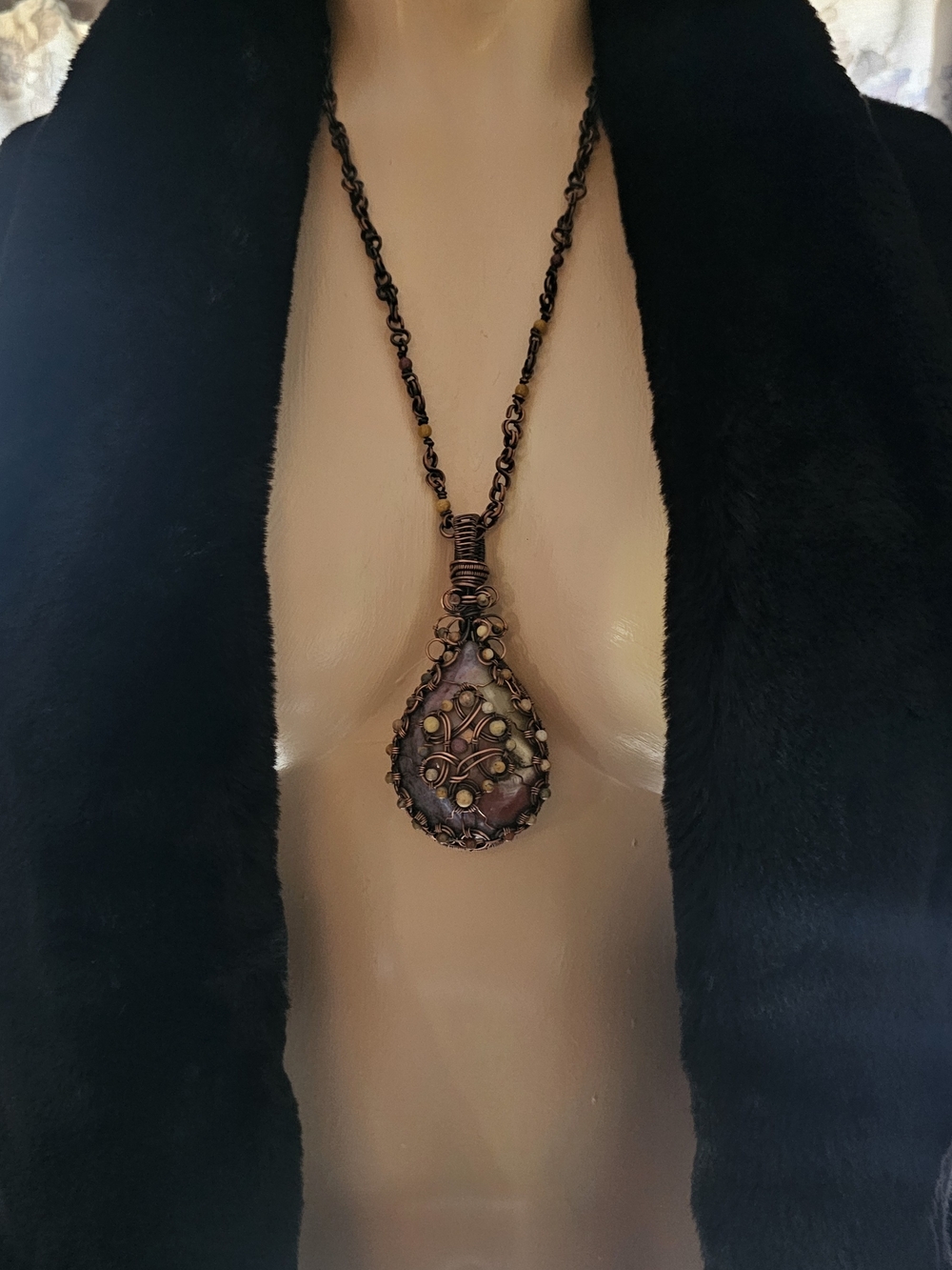 Handcrafted Purple Agate Stone Teardrop Pendant Necklace - Wire Wrapped(134)